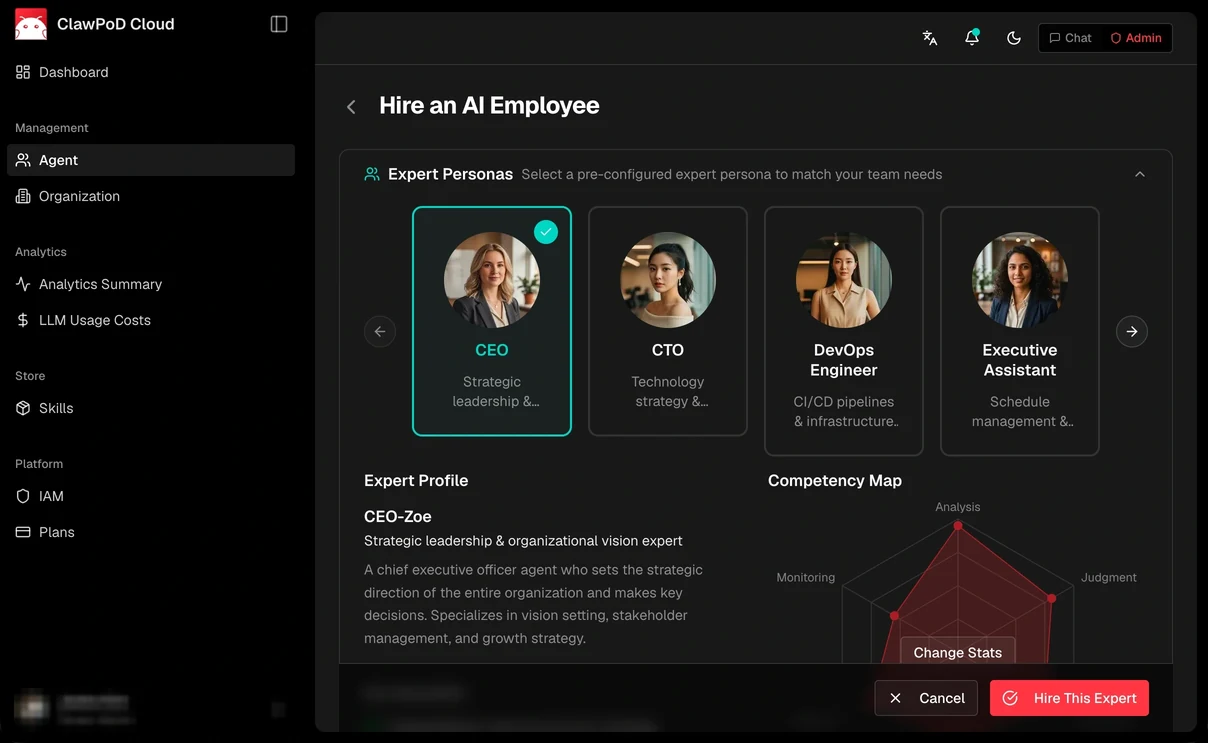 ClawPod Cloud screen — Add Agent: Check the capabilities and expertise of AI agents and deploy/configure them immediately.