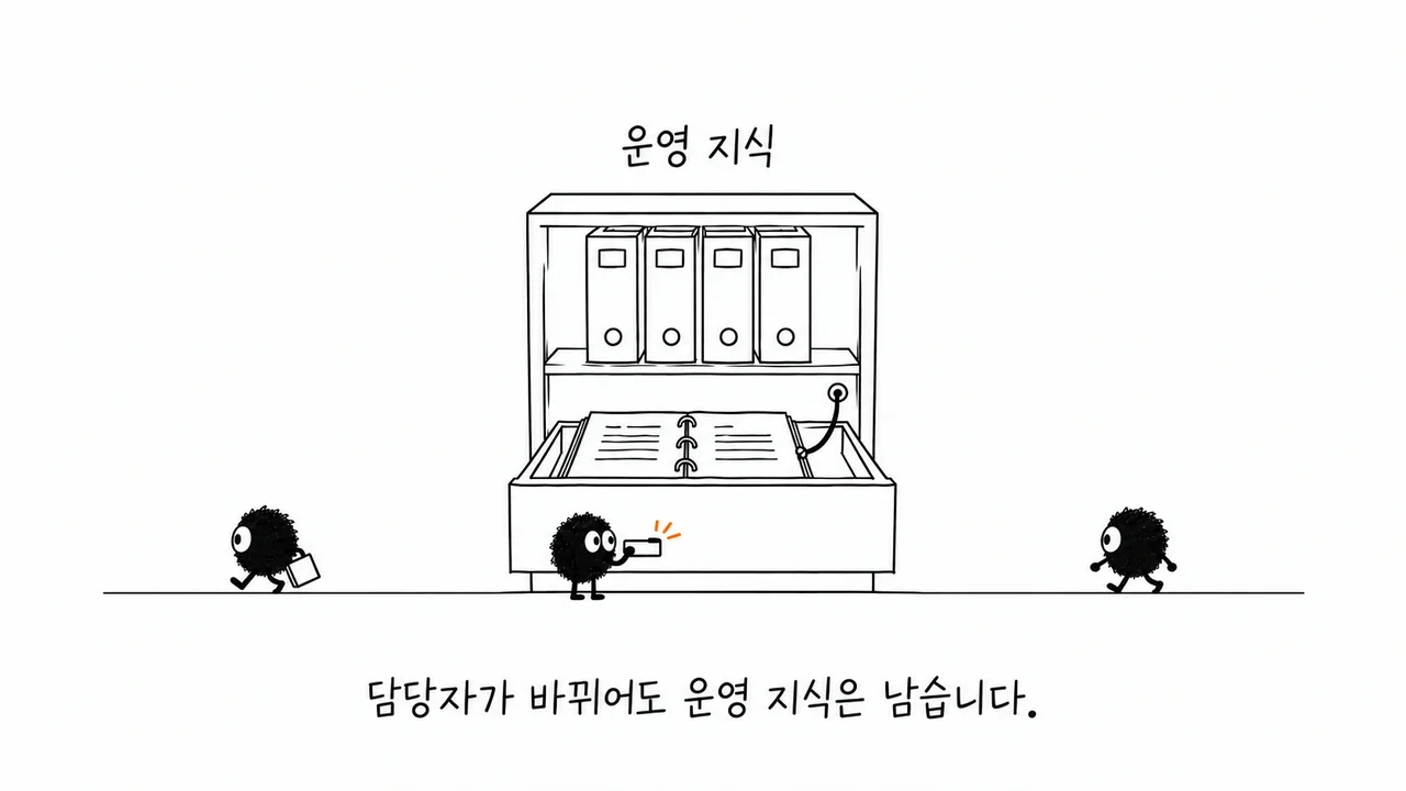 담당자가 바뀌어도 운영 지식 문서가 남아 있는 보관함 스케치