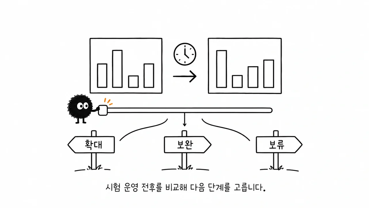 시험 운영 전후 기록을 비교해 확대·보완·보류를 고르는 스케치
