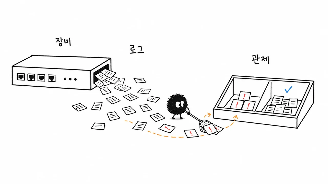 Sketch of picking out anomaly signals from the logs a device produces and sending them to monitoring