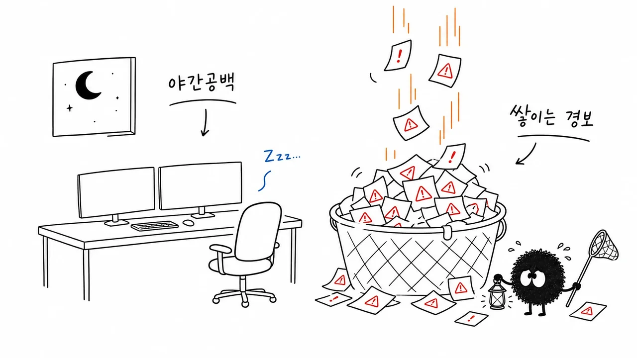 Sketch of alerts piling up beside an empty monitoring desk at night