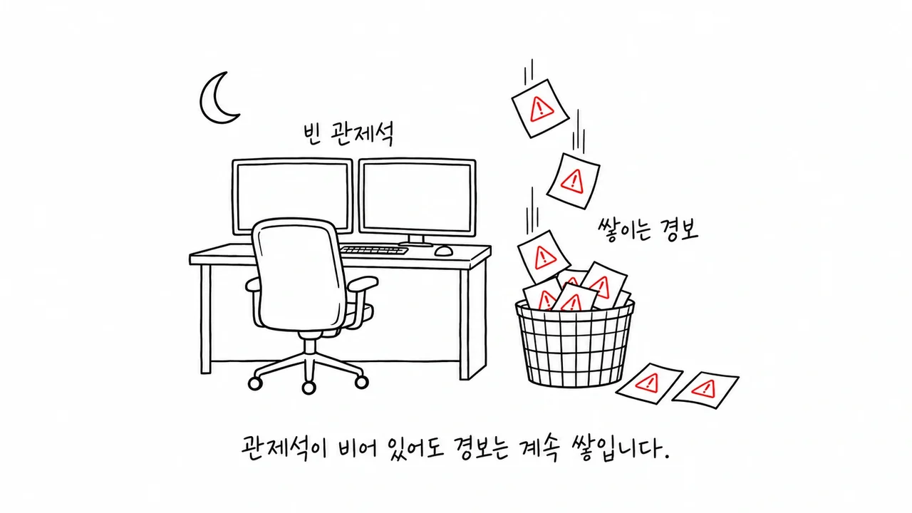 밤에 빈 관제석 옆으로 경보가 쌓이는 스케치