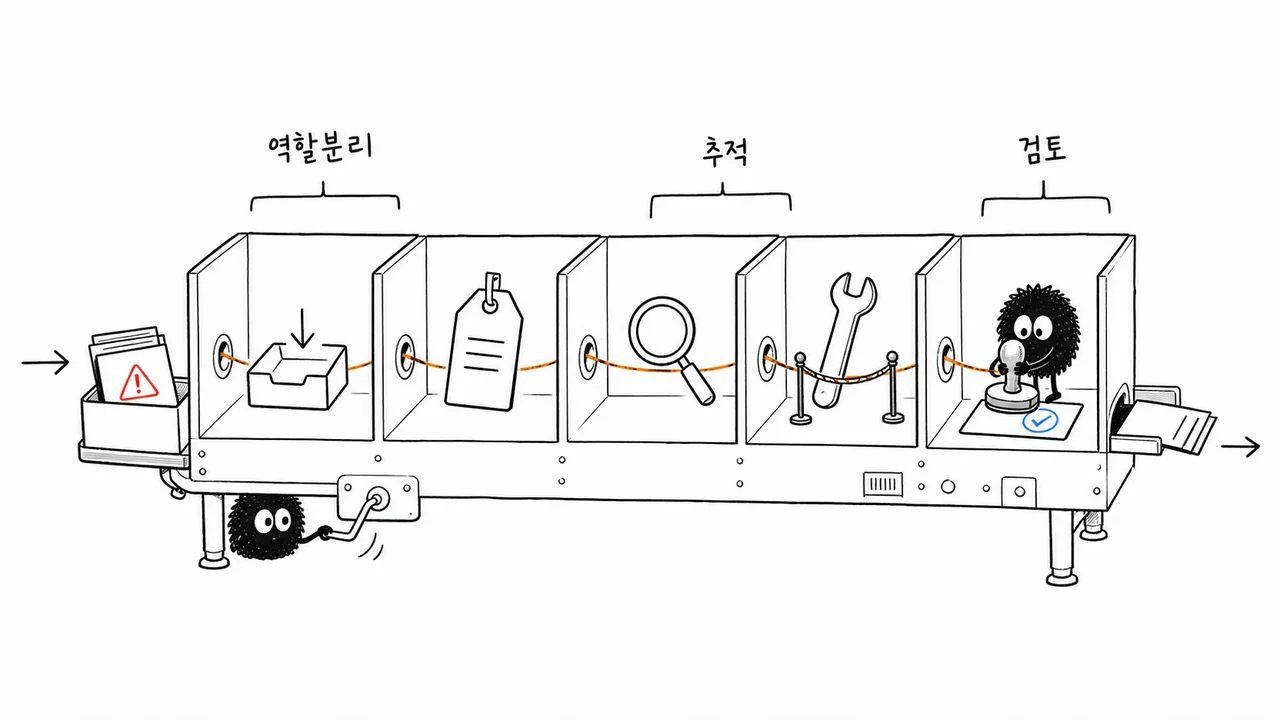 Sketch of role separation: an alert moves along a partitioned bench through intake, analysis, action and review