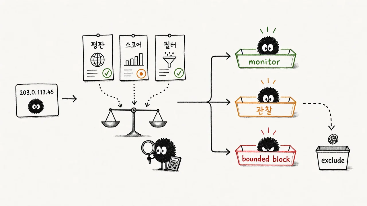 Sketch of weighing IP reputation, score and filters to sort cases into watch, conditional and bounded block