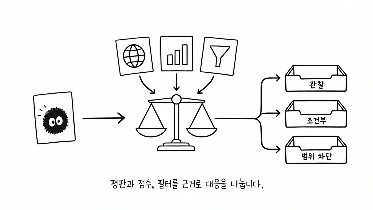 IP 평판·점수·필터를 저울에 달아 관찰·조건부·범위 차단으로 나누는 스케치