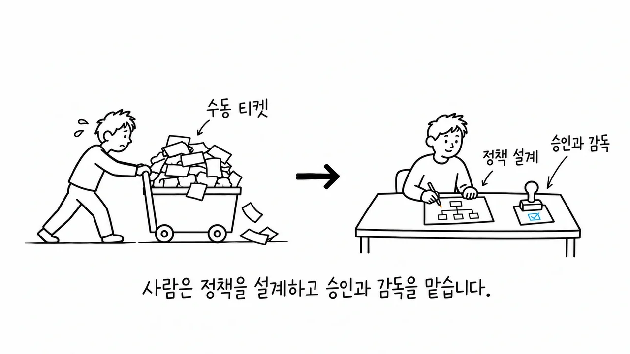 수동 티켓 수레를 밀던 사람이 정책 설계와 승인·감독을 맡는 모습으로 바뀌는 스케치
