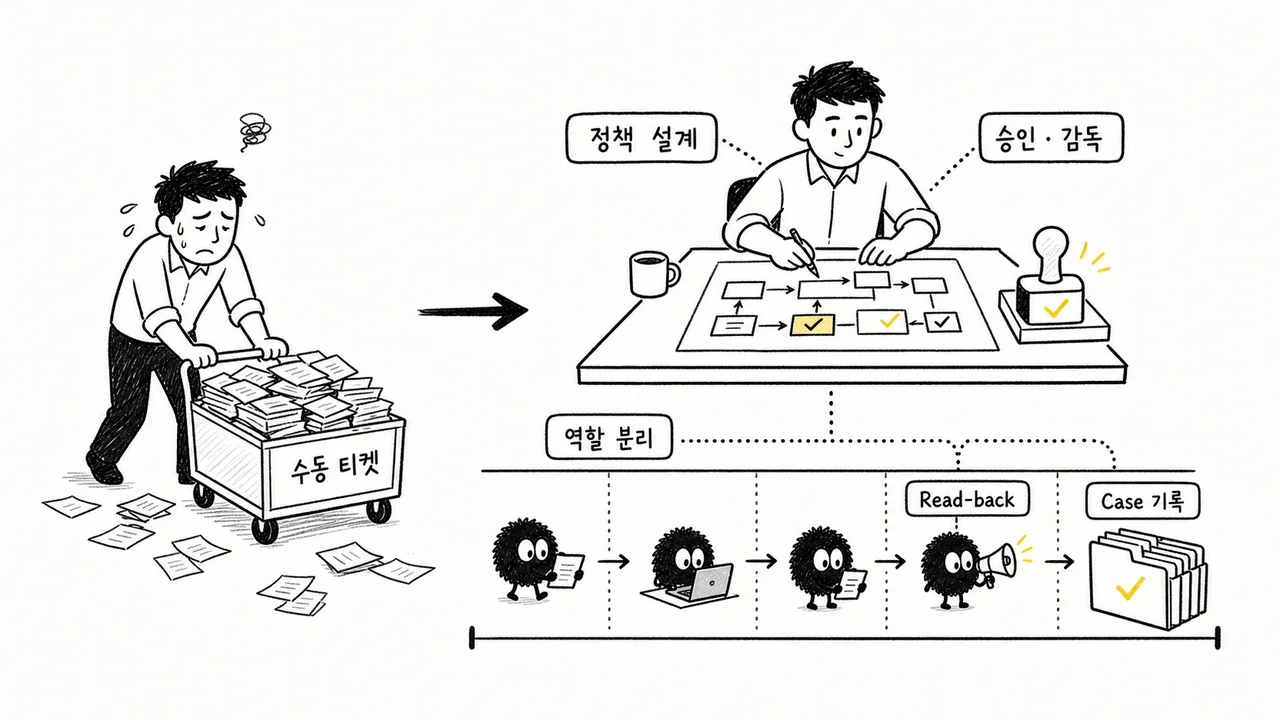 Sketch of a person moving from pushing a cart of manual tickets to designing policy and handling approval and oversight